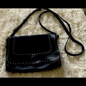 Black leather crossbody purse with gold studs